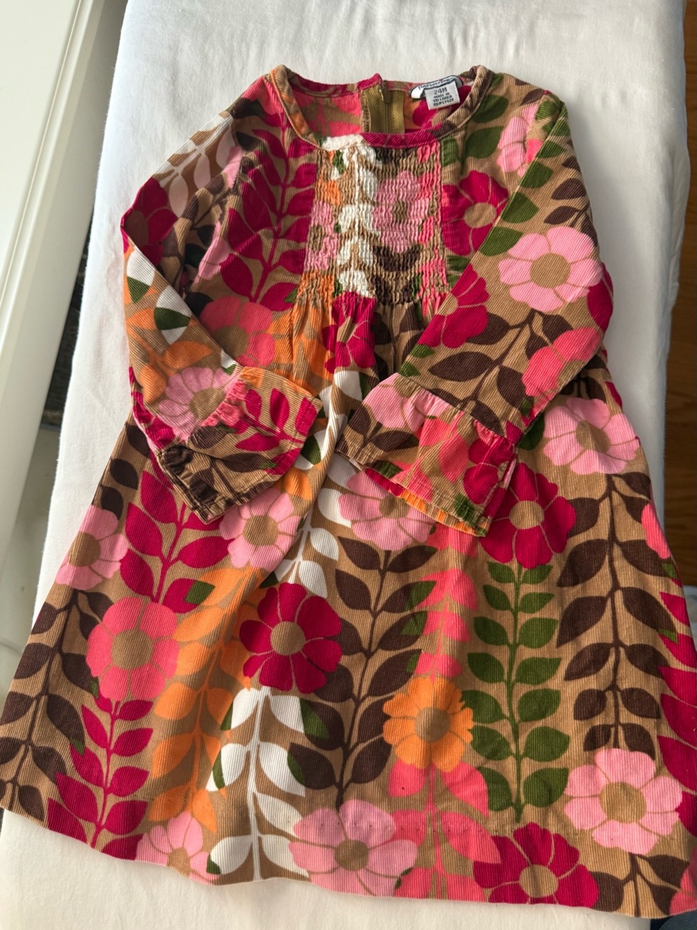 Hartstrings Floral Corduroy Dress in Brown, Pink, Orange, Green